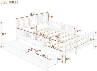 Bellemave Kids Full Bed Frame with Fences and 2 Drawers, Full Size Wooden Platform Bed with Guardrails on Both Sides for Boys Girls, Grey