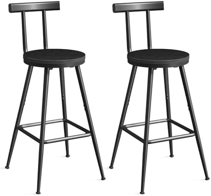 MAHANCRIS Bar Stools, Set of 2 Bar Chairs with Backrest and Footrest, 26" Tall Counter Stools, Metal Frame, Adjustable Feet, Easy Assembly, for Kitchen, Living Room, Pub, Black BAHB6001