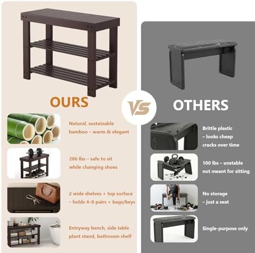 NEWBULIG Shoe Rack Bench, 3-Tier Bamboo Organizer, 11x28x18in, Dark Brown