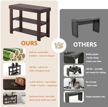 NEWBULIG Shoe Rack Bench, 3-Tier Bamboo Organizer, 11x28x18in, Dark Brown