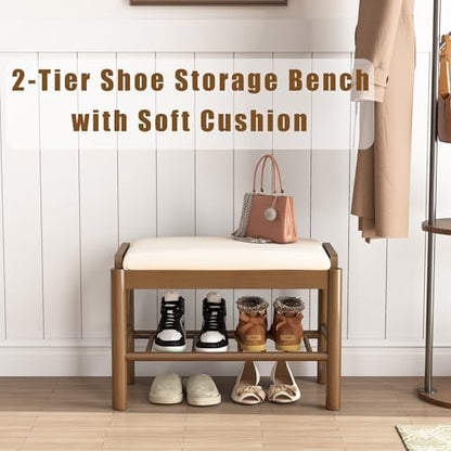 Shoe Storage Bench with Cushion - 2 Tier Shoe Rack for Front Door Entrance, Wood Shoes Rack, Entryway Bench with Shoes Storage for Closet,Hallway,Bedroom&Living Room(Walnut, 23.6" W)