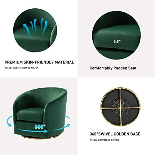 HULALA HOME Swivel Accent Chair with Gold Metal Base, Contemporary Velvet Curved Swivel Barrel Chair, Upholstered Club Armchair, Leisure Single Sofa for Living Room, Nursery, Bedroom(Green)