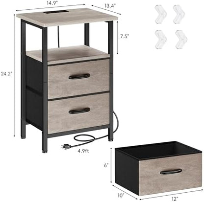 Vagusicc Nightstand with Charging Station, Side Table with 2 Fabric Drawers, Bedside Table with Open Shelf, 24.2" Tall End Table with USB Ports and Outlets, Night Stand for Bedroom, Greige