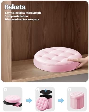 Bsketa Round Storage Ottoman, 14" Folding Velvet Foot Stool Rest,Pink
