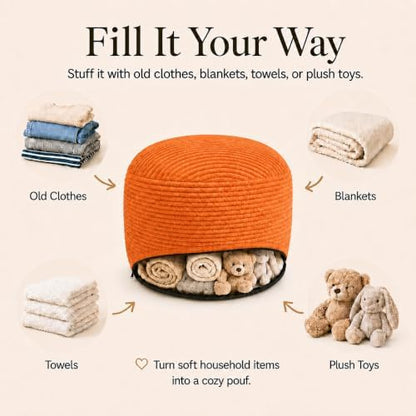 Storage Pouf Cover, No Filler, Corduroy, Pumpkin Orange, 20 Inch