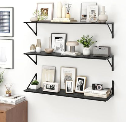 Deep Floating Shelves for Wall, 36W x 8D Wall Mounted Shelves Set of 2, Wide Display Ledge Shelf with Sturdy Metal Brackets for Living Room, Bathroom, Bedroom and Kitchen, Black