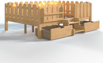 Bellemave Full Size Platform Bed with Storage Drawers & Bookshelf for Boys Girls, Kids Full Bed Frame with LED Lights & Stairs for Children's Room, Natural