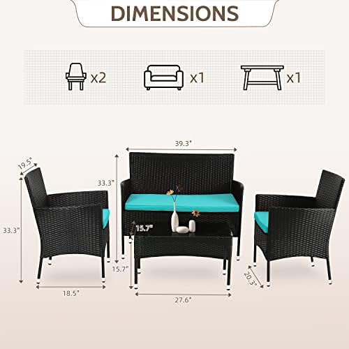 FDW 4-Piece Patio Furniture Set | Black & Blue | Outdoor Wicker Furniture