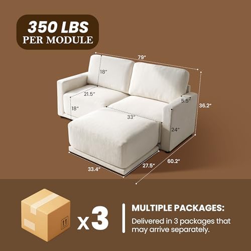 79" L-Shaped Modular Couch, 2 Seater Sofa with Ottoman, White