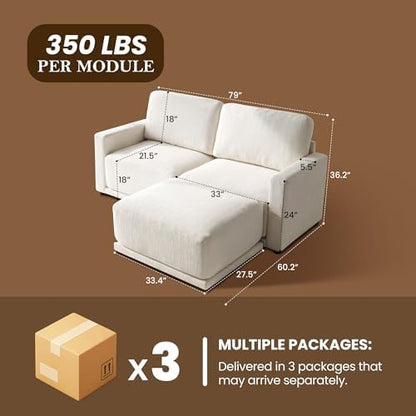 79" L-Shaped Modular Couch, 2 Seater Sofa with Ottoman, White