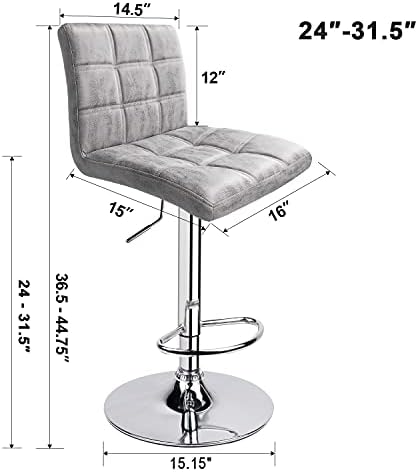 Modern Square PU Leather Adjustable Bar Stools with Back, Set of 2, Counter Height Swivel Stool (Grey-hot-Stamping Cloth)