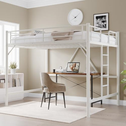 VINGLI Queen Loft Bed with Flat Rungs for Adults, Kids and Young Teens, No Box Spring Required,Heavy Duty Metal Slat Support, Cloud White