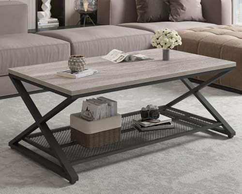 LVB Industrial Coffee Table, Metal Center Table, 47 inch, Light Grey Oak