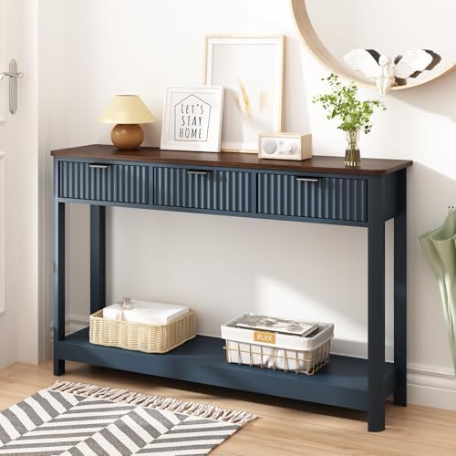 HOKYHOKY Fluted Console Table with Drawers, 47.1" Entryway Table, Blue
