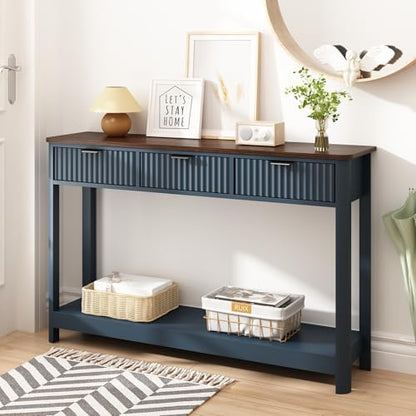 HOKYHOKY Fluted Console Table with Drawers, 47.1" Entryway Table, Blue