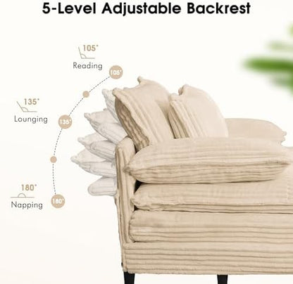 110" W Oversized Double Chaise Lounge Sofa Couch, Corduroy Sleeper Sofa Bed with Adjustable Backrest, Modern Upholstered Cloud Couch with Deep Seat & Pillows for Living Room, Khaki