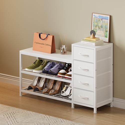 EXOTICA Industrial Shoe Storage Bench with 4 Drawers & Seat, White