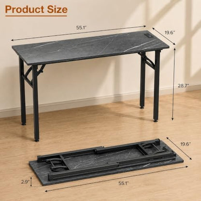 Folding Table Computer Desk - 55.1" No Assembly Folding Desk with Power Outlets & USB Charging Port, Small Desk, Foldable Office Desk, Compact Storage Portable Use for Small Space, Marble Greige
