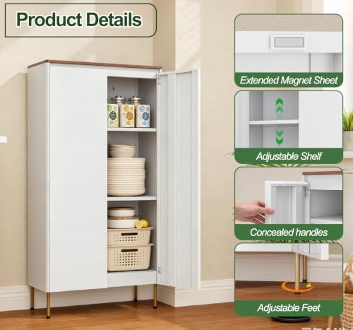 Metal Storage Cabinet, 47.5" Tall Pantry Cabinet with Doors and Adjustable Shelves, Freestanding Cupboard for Kitchen, Bathroom, Laundry, Office, Garage(White)