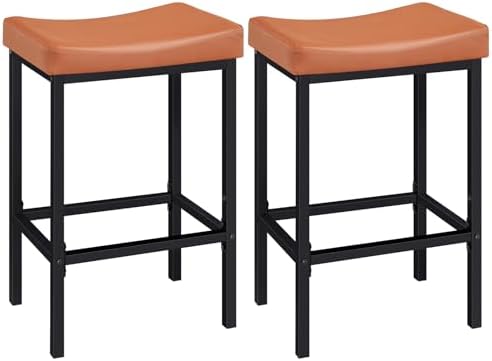 HOOBRO Bar Stools, Set of 2 Bar Chairs, Counter Height Stools, Saddle Barstools with Curved Surface, 24.8 Inches, 2.4" Thick Upholstery, for Kitchen, Dining Room, Cafe Orange-Brown and Black CB10BY01