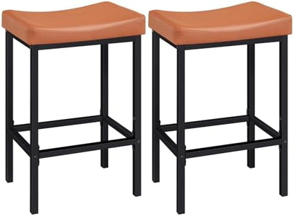 HOOBRO Bar Stools, Set of 2 Bar Chairs, Counter Height Stools, Saddle Barstools with Curved Surface, 24.8 Inches, 2.4" Thick Upholstery, for Kitchen, Dining Room, Cafe Orange-Brown and Black CB10BY01