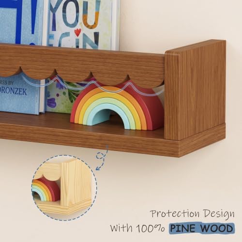 Scalloped Floating Shelves for Nursery, Walnut Scallop Kids Wall Book Shelf