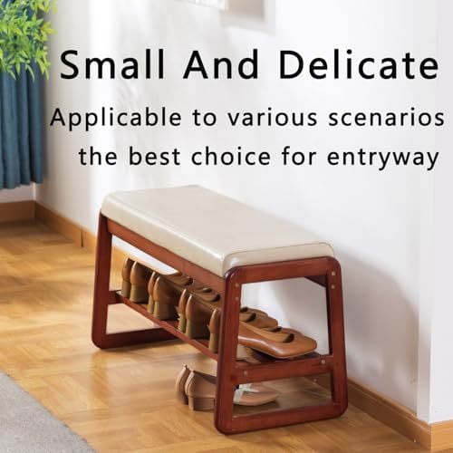 latifolia Solid Wood Bench, Entryway Shoe Bench with Cushion, 2 Tier Shoe Storage Organizer for Hallway, Living Room(Grey,31.50''L)