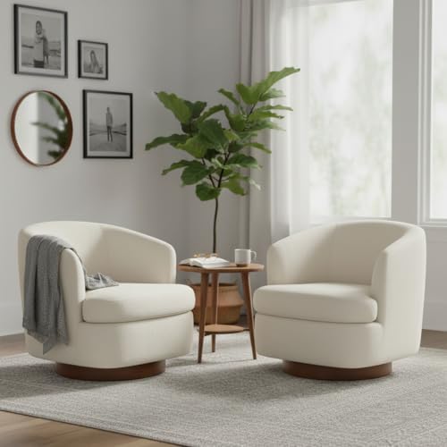 Swivel Accent Chair, Barrel Armchair with Upholstered Performance Fabric and Wood Base for Bedroom Waiting Living Room, 1 PC, Linen