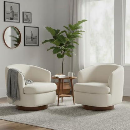 Swivel Accent Chair, Barrel Armchair with Upholstered Performance Fabric and Wood Base for Bedroom Waiting Living Room, 1 PC, Linen