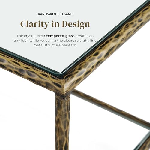 24/7 Shop at Home Lalia Modern 30-inch Metal End Table with Tempered Glass Top and Shelf, Hammered Steel Frame for Living Room, Matte Gold