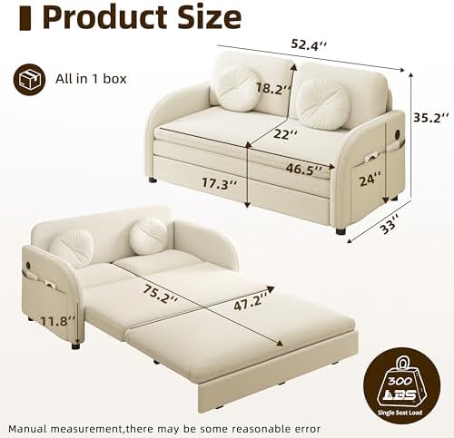 52.4'' Sleeper Sofa Bed Full Size, 3 in 1 Convertible Pull Out Couch, Beige