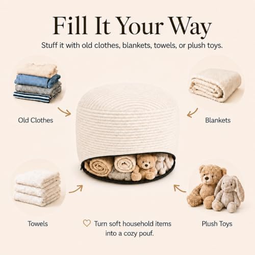 Storage Pouf Cover, No Filler, Corduroy, Cream White, 20 Inch
