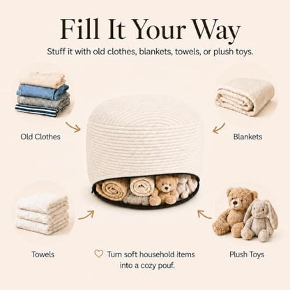 Storage Pouf Cover, No Filler, Corduroy, Cream White, 28 Inch