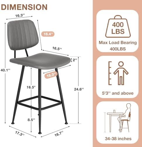 Raynesys 24-Inch Leather Bar Stools Set of 2 with High Backrest, Grey