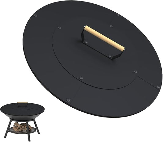 22" Wooden-Handle Fire Pit Lid for Pits up to 20", Round Metal Bonfire Pit Burner Pan Cover, Smokeless Fire Pit Cover for Fire Tables, All-Weather Resistance Outdoor Firepit Accessory