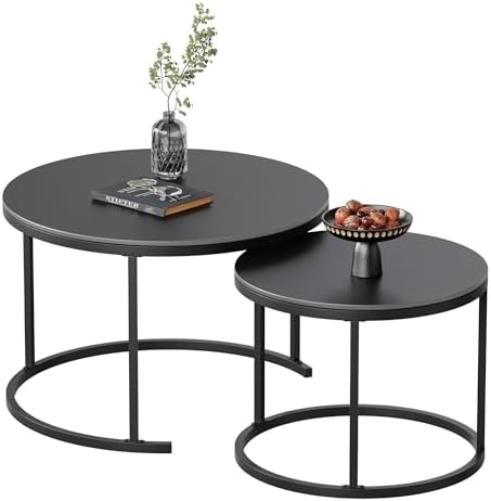 Round Nesting Coffee Table, Black Modern Decorative Coffee Center Table Set of 2, Sintered Stone Coffee Table for Living Room with Sturdy Metal Frame.