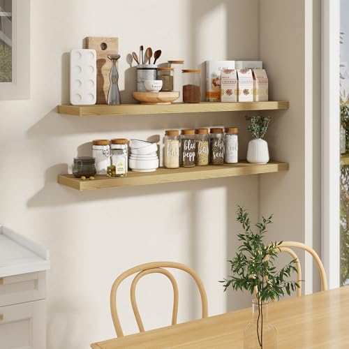 55 Inch Long Floating Shelves for Wall Set of 2, 55x9.3 Large Floating Shelf for Bedroom, Kitchen, Bathroom, Wall Mounted Rustic Wood Shelves with Invisible Bracket for Books, Decor, Oak