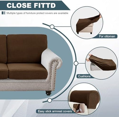 UNBBRRL Seat Cushion Cover and Back Covers for Corner Sofa Stretch Jacquard, Non Slip L Shaped Sofa Slipcover with Storage Ottoman, Sectional Couch Cover for Chaise Lounge (Caramel,Armrest Cover x 2)
