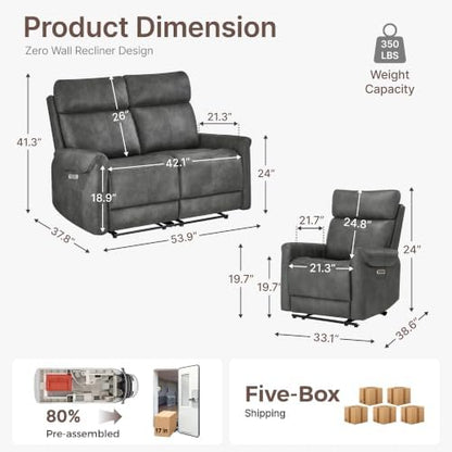KISLOT 3 Seater Power Loveseat Recliner Sofa, Wall Hugger, Gray