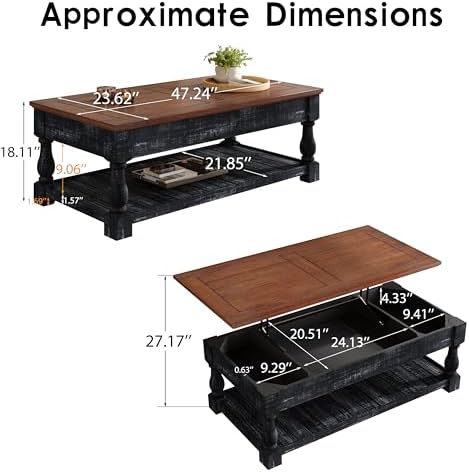 47" Farmhouse Lift Top Coffee Table with Storage, Solid Wood + MDF Center Table with Walnut Brown Top & Antique Black Base, Rustic Two-Tier Rectangular Coffee Table for Living Room
