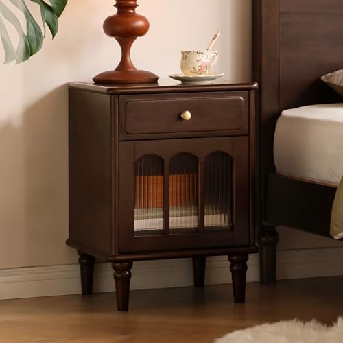 100% Solid Wood Nightstand, Walnut Nightstand with Drawers and Door, Mid Century Modern Nightstands, Wooden Night Stand for Bedroom, Vintage Bed Side Table (Poplar Wood, 22.83" H, Left)