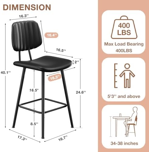 Raynesys 24-Inch Leather Bar Stools Set of 4 with High Backrest, Black
