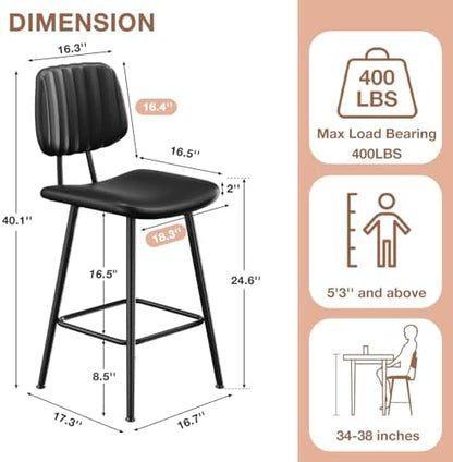 Raynesys 24-Inch Leather Bar Stools Set of 4 with High Backrest, Black