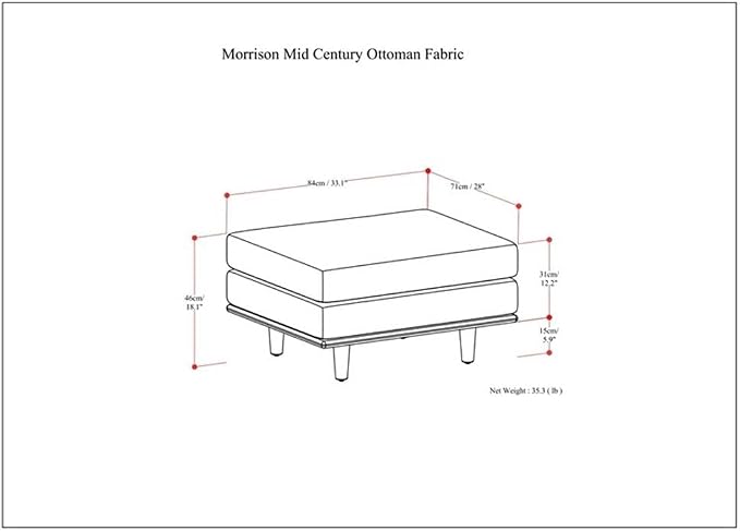 SIMPLIHOME Morrison 33-inch Wide Table Ottoman in Mist Grey Woven-Blend Fabric, Multifunctional Footrest, Coffee Table, or Extra Seating for Living Room, Mid-Century Modern Style