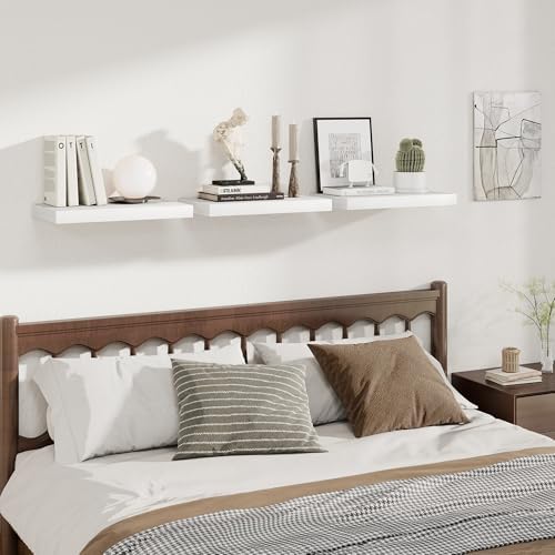 12 Inch Deep Floating Shelves for Wall, 20 Inch Long Wall Mounted Storage Shelf with Invisible Brackets, 2 Pack Hanging Wood Shelf for Farmhouse, Bedroom, Kitchen, Living Room, White