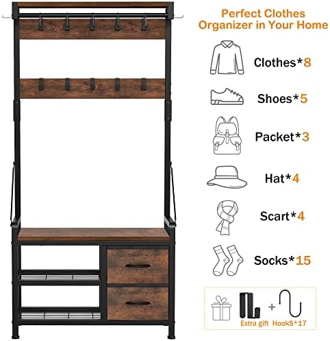 Hall Tree with Shoe Bench for Entryway Coat Rack with Shoe Storage