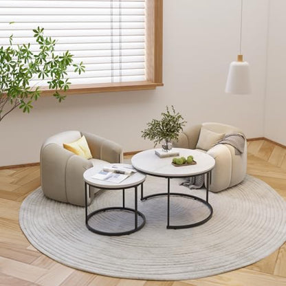 27.6" Round Nesting Coffee Table Set of 2, White & Black Marble