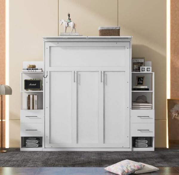 Queen Murphy Bed Cabinet, Space Saving Wall Bed with Storage and Lights | Flexible slats support an 8-inch mattress, while 2 four-layer shelves and 4 drawers help keep essentials organized