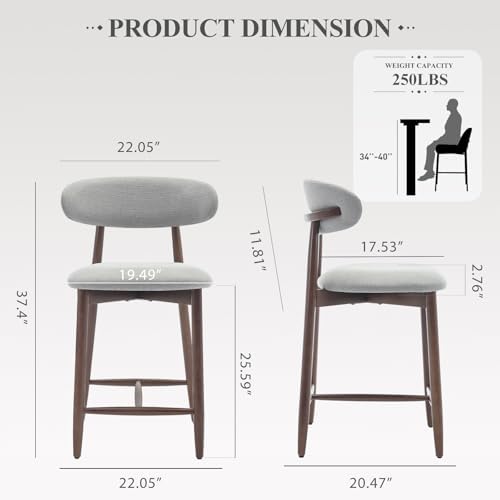 COLAMY Wood Bar Stools Set of 2, Counter Height Bar Stools, Mid Century Modern Stools with Back, 25 Inch Upholstered Wooden for Kitchen Island Dining Room Bar, Light Grey