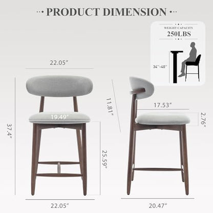 COLAMY Wood Bar Stools Set of 2, Counter Height Bar Stools, Mid Century Modern Stools with Back, 25 Inch Upholstered Wooden for Kitchen Island Dining Room Bar, Light Grey